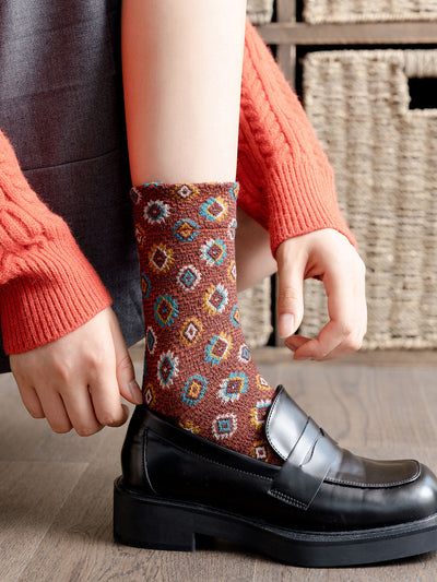 5 Pairs Women Artsy Flower Cotton Mid-Heel Socks