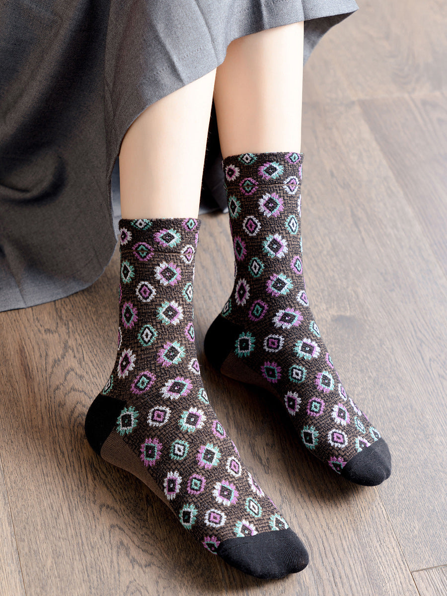 5 Pairs Women Artsy Flower Cotton Mid-Heel Socks
