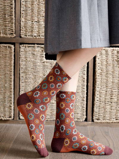 5 Pairs Women Artsy Flower Cotton Mid-Heel Socks