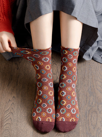 5 Pairs Women Artsy Flower Cotton Mid-Heel Socks