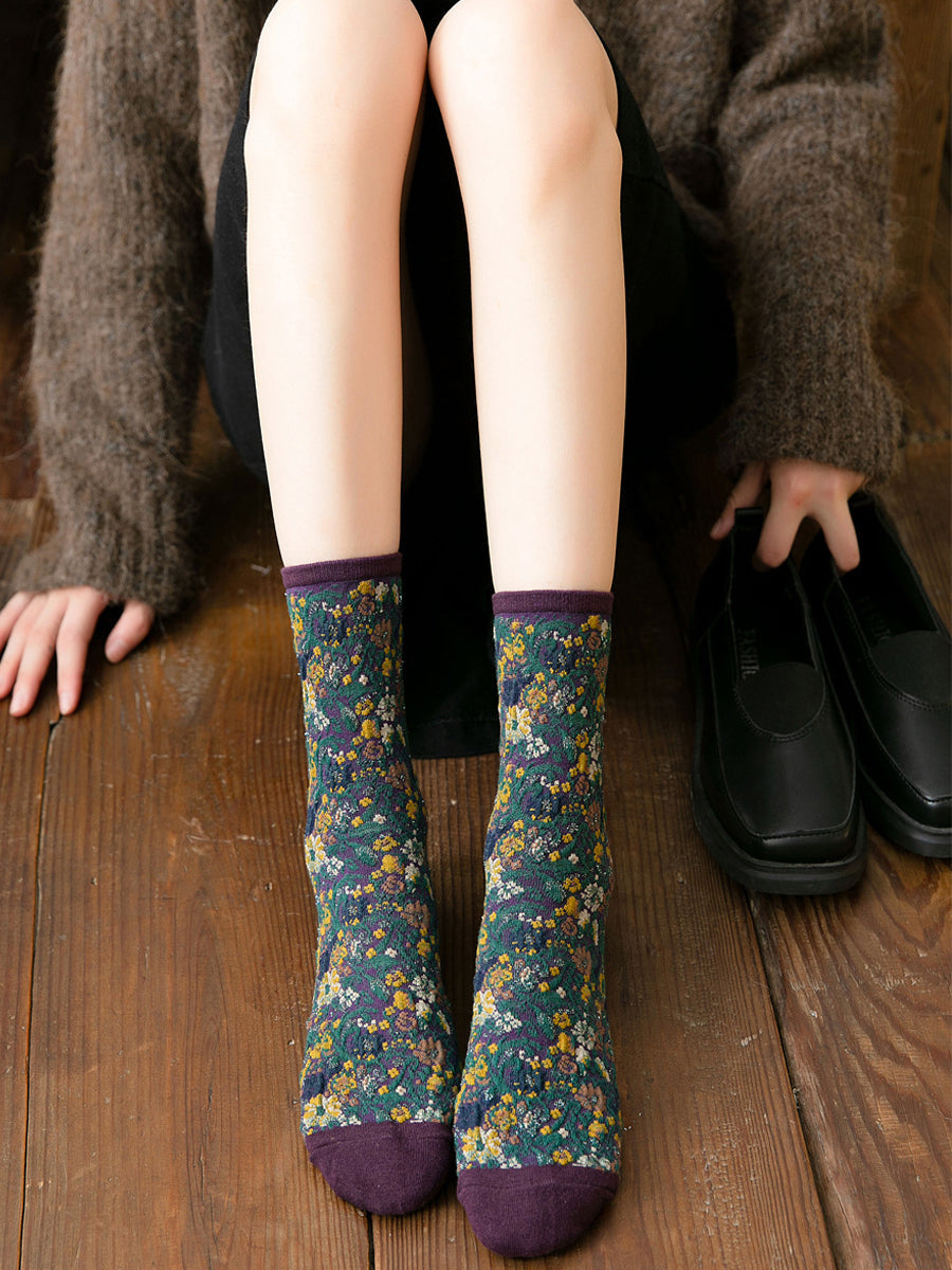 5 Pairs Women Winter Floral Mid Heel Socks