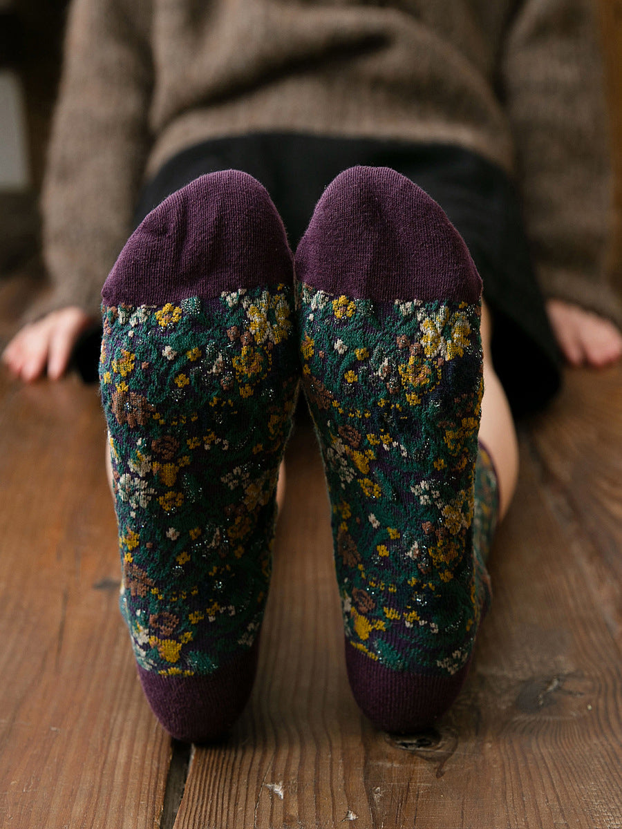 5 Pairs Women Winter Floral Mid Heel Socks