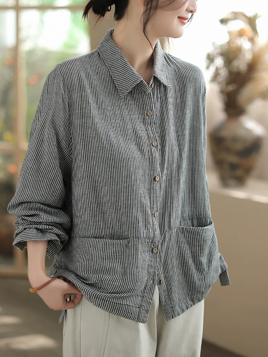 Plus Size Women Autumn Stripe Turn-down Collar Cotton Shirt