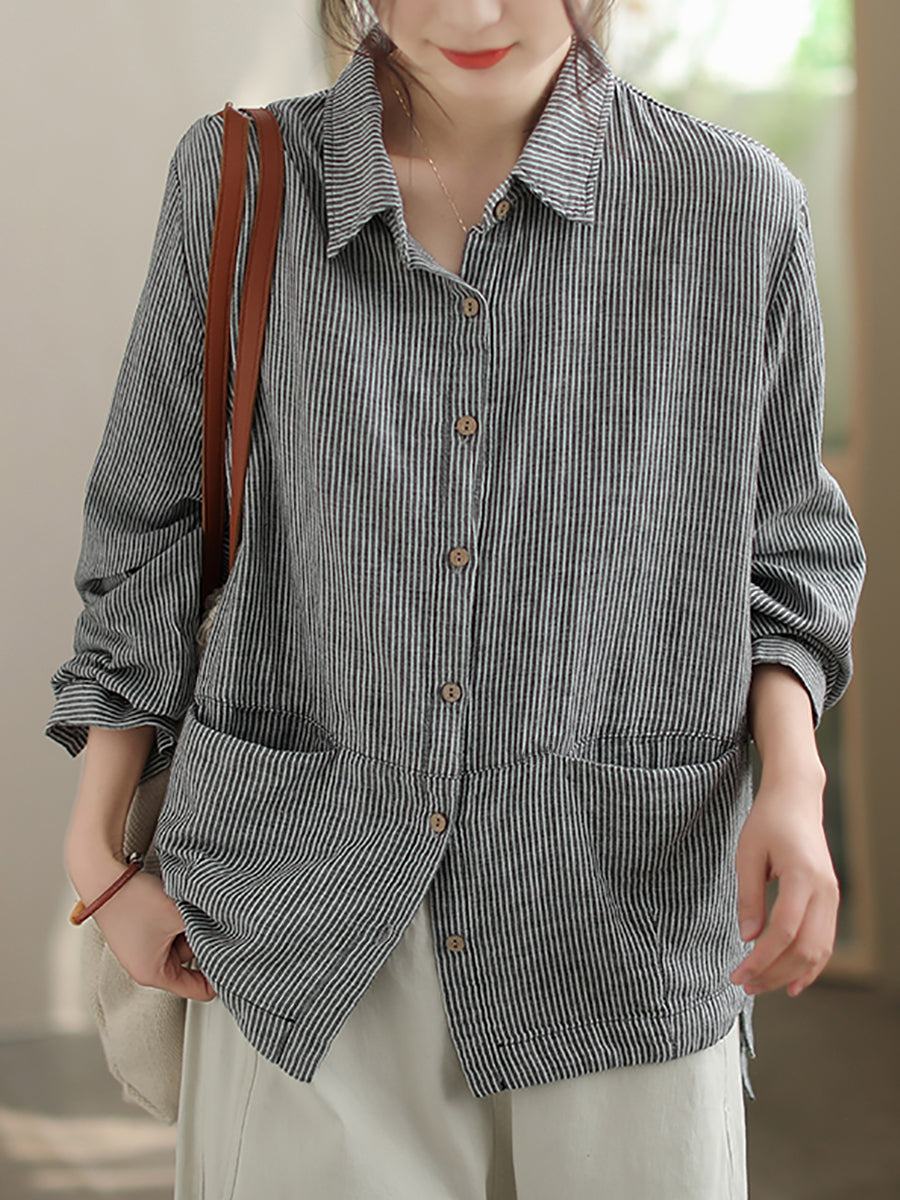Plus Size Women Autumn Stripe Turn-down Collar Cotton Shirt