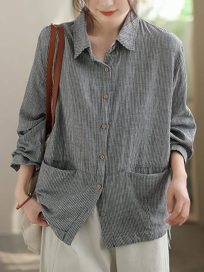 Plus Size Women Autumn Stripe Turn-down Collar Cotton Shirt