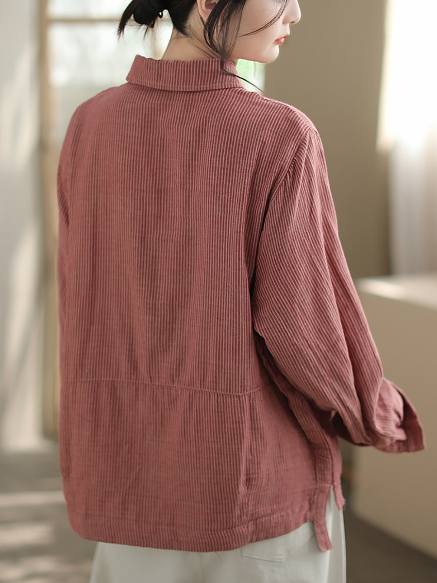 Plus Size Women Autumn Stripe Turn-down Collar Cotton Shirt