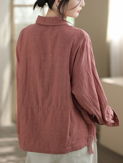 Plus Size Women Autumn Stripe Turn-down Collar Cotton Shirt