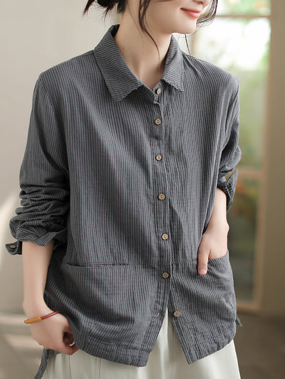 Plus Size Women Autumn Stripe Turn-down Collar Cotton Shirt