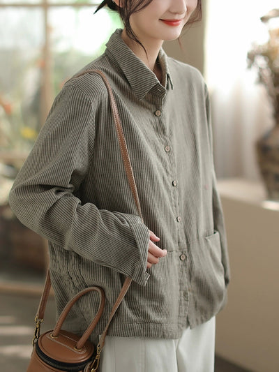 Plus Size Women Autumn Stripe Turn-down Collar Cotton Shirt