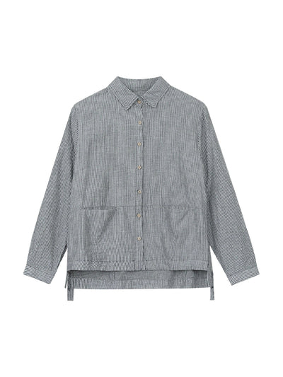 Plus Size Women Autumn Stripe Turn-down Collar Cotton Shirt