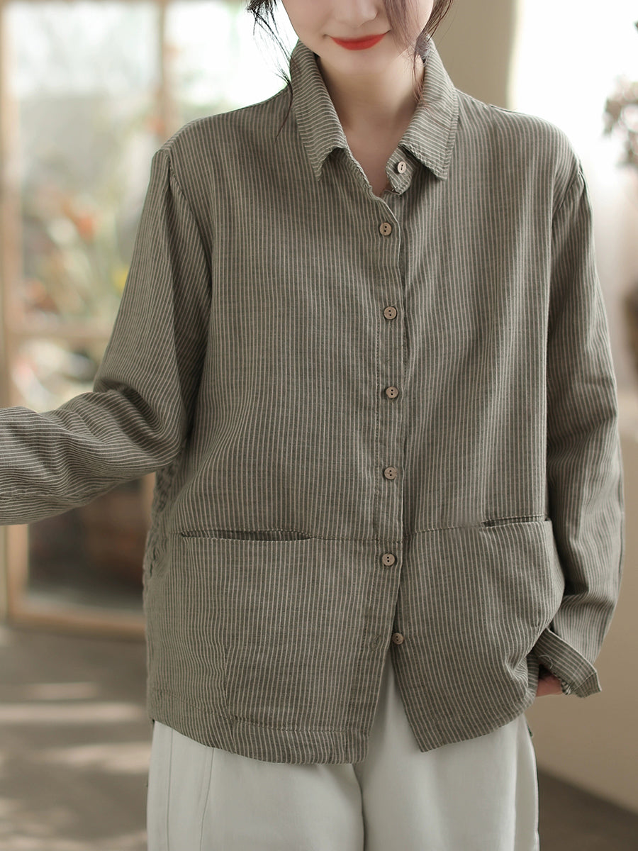 Plus Size Women Autumn Stripe Turn-down Collar Cotton Shirt