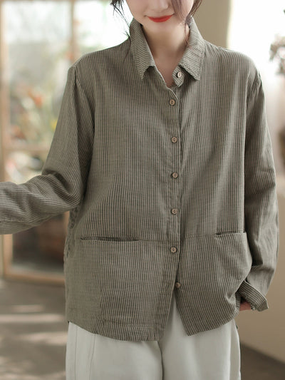 Plus Size Women Autumn Stripe Turn-down Collar Cotton Shirt