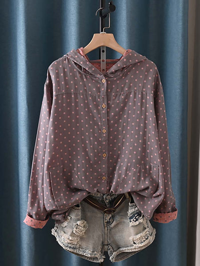 Plus Size Women Autumn Vintage Plaid Hooded 100%Cotton Shirt