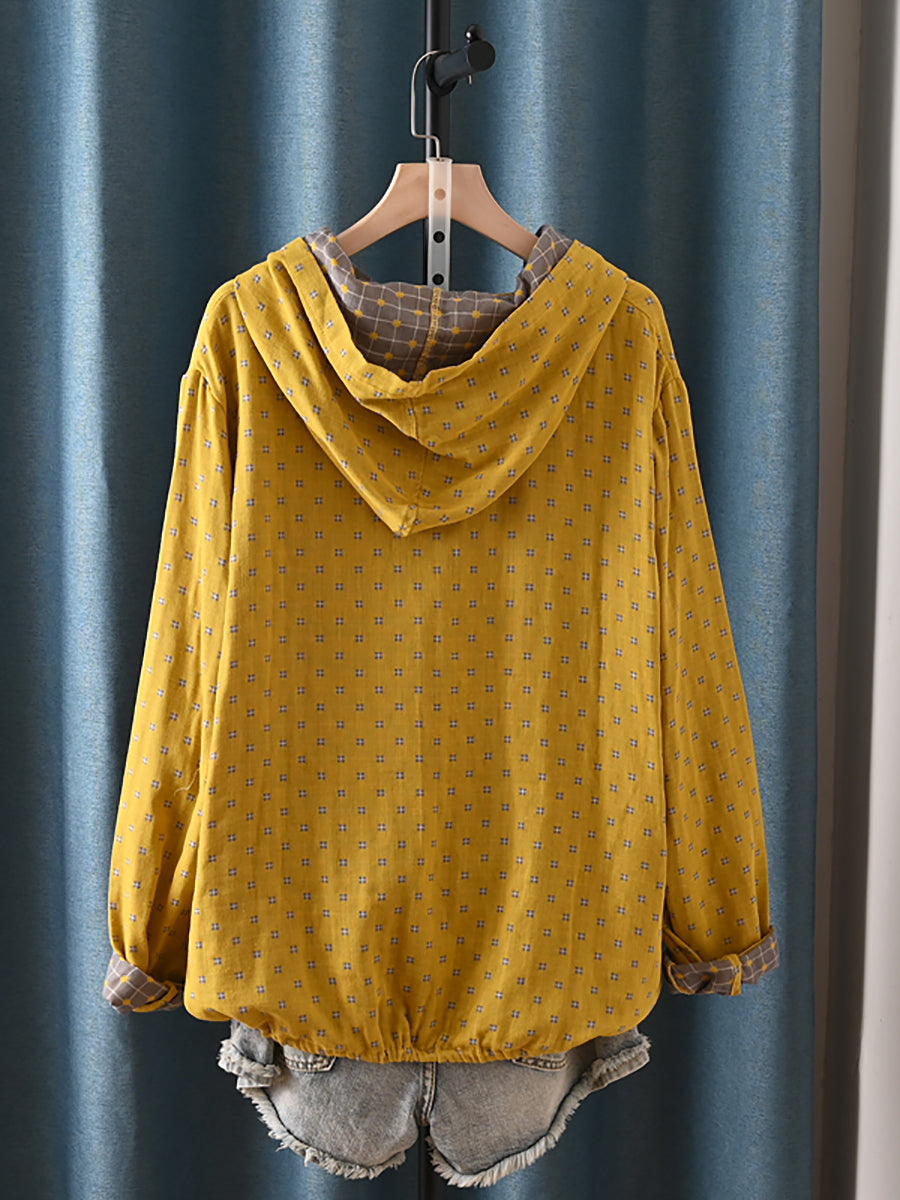 Plus Size Women Autumn Vintage Plaid Hooded 100%Cotton Shirt