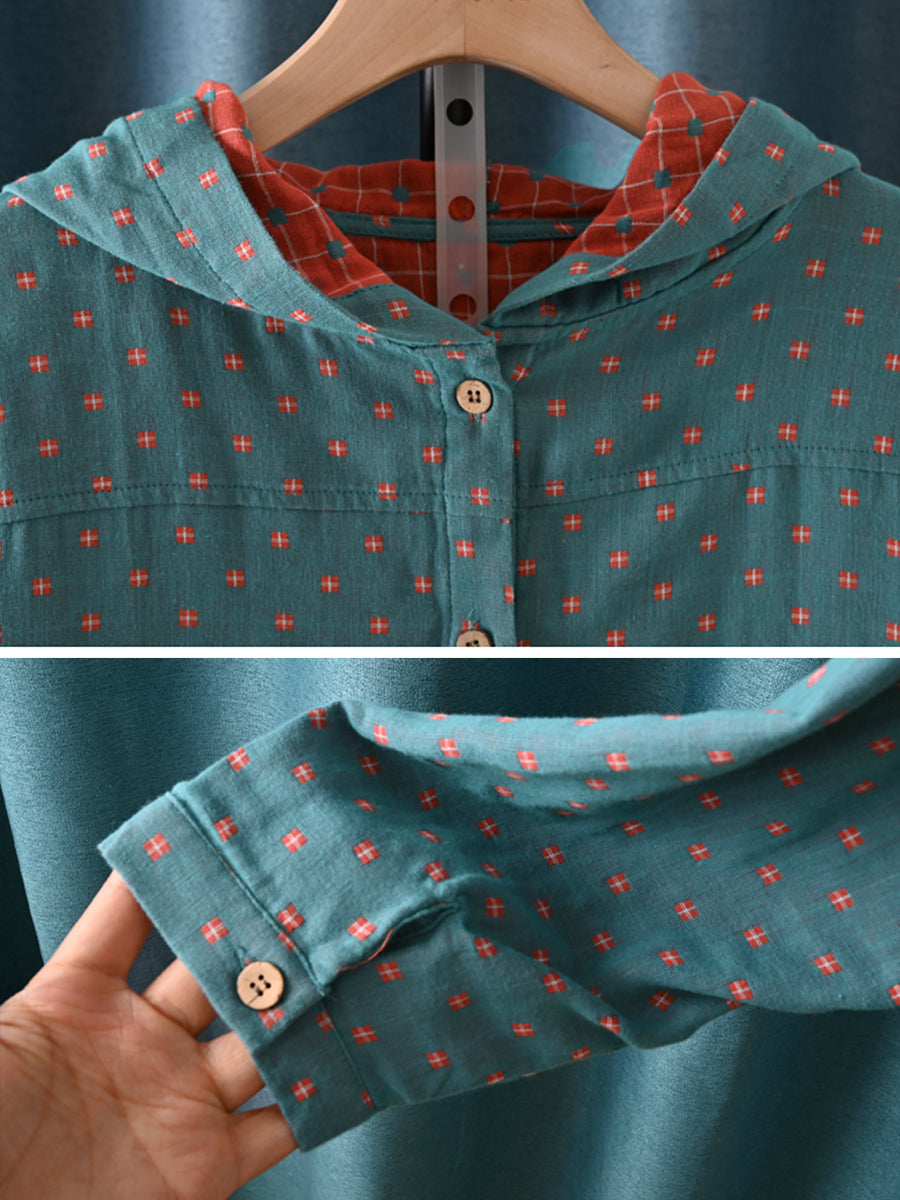 Plus Size Women Autumn Vintage Plaid Hooded 100%Cotton Shirt