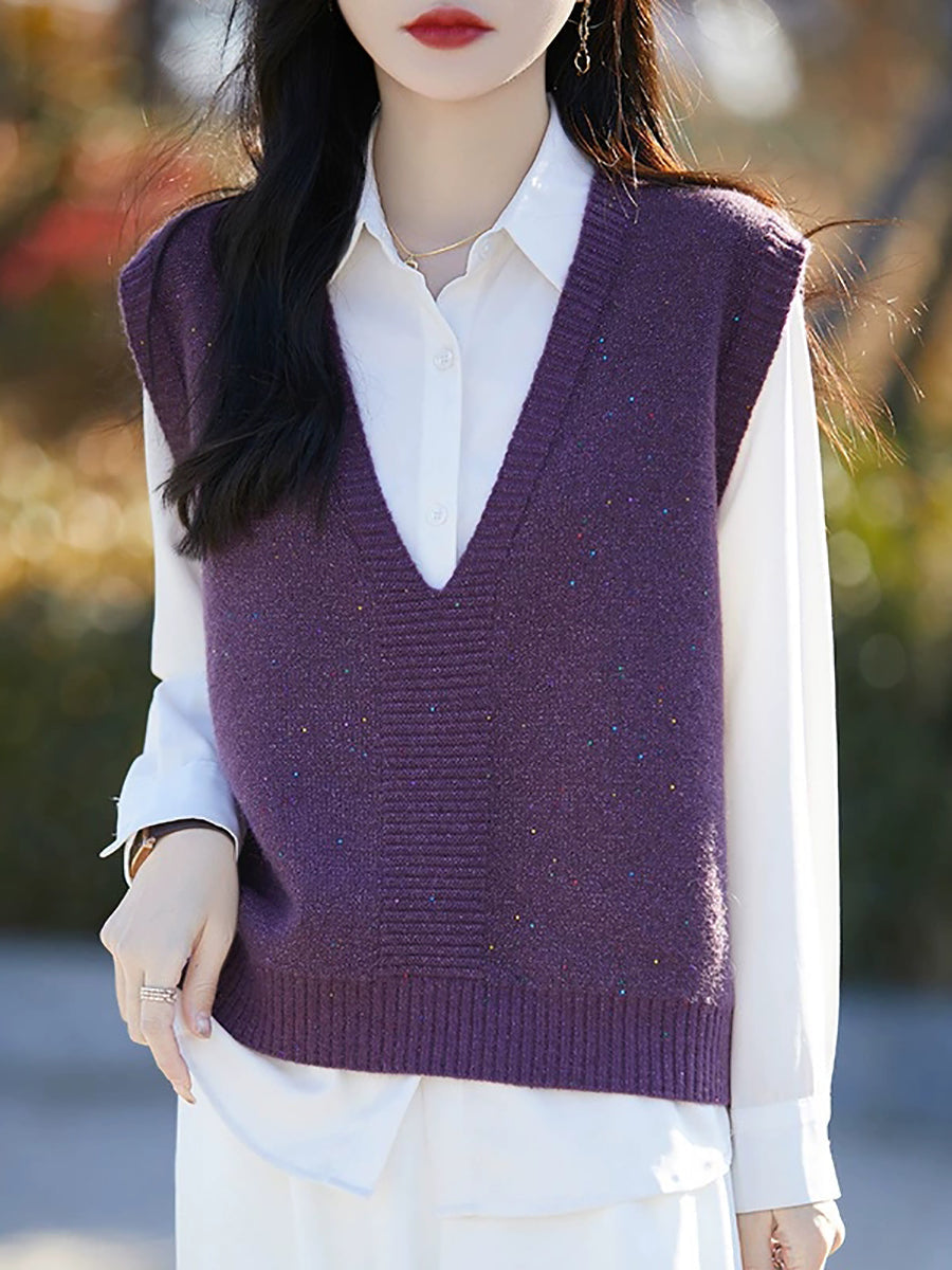 Women Autumn Casual Pure Color V-Neck Knitted Vest