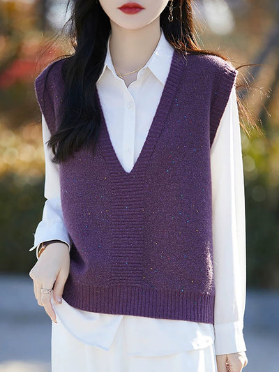 Women Autumn Casual Pure Color V-Neck Knitted Vest