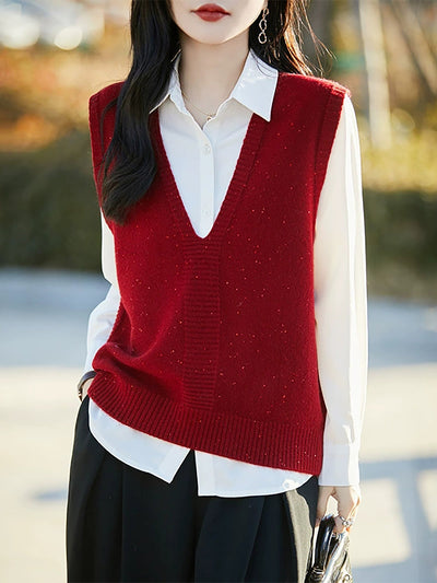 Women Autumn Casual Pure Color V-Neck Knitted Vest
