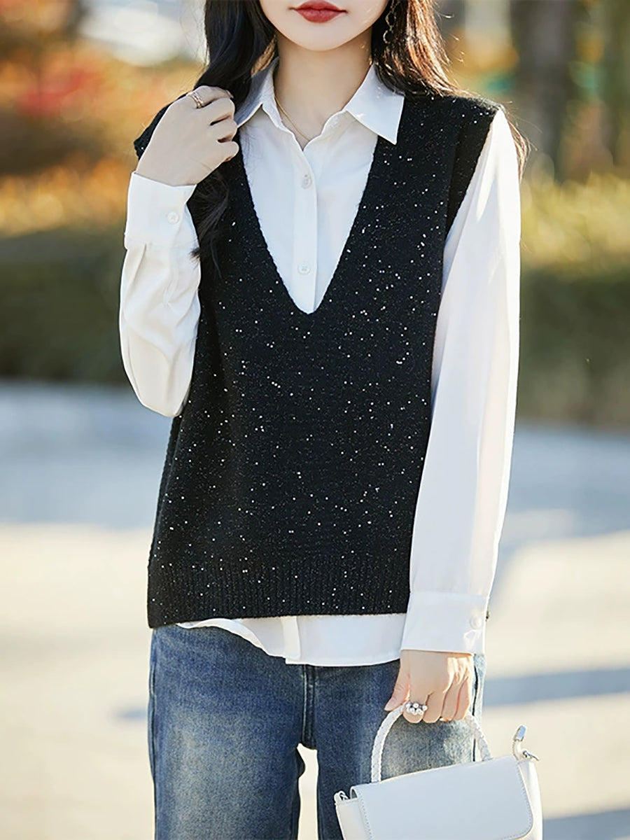 Women Autumn Casual Pure Color V-Neck Knitted Vest