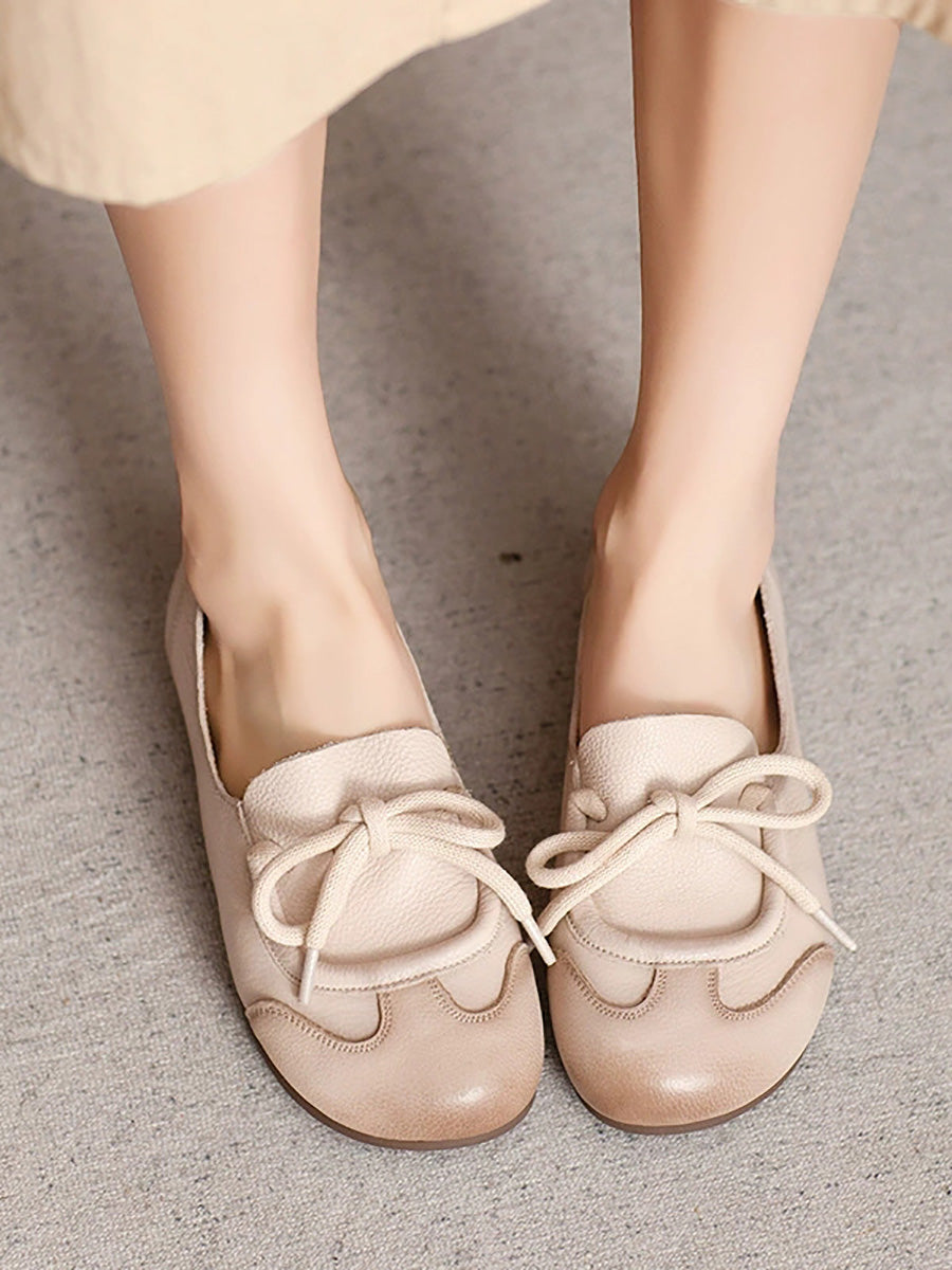 Women Autumn Genuine Leather Spliced Strap Flat Shoes