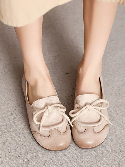 Women Autumn Genuine Leather Spliced Strap Flat Shoes