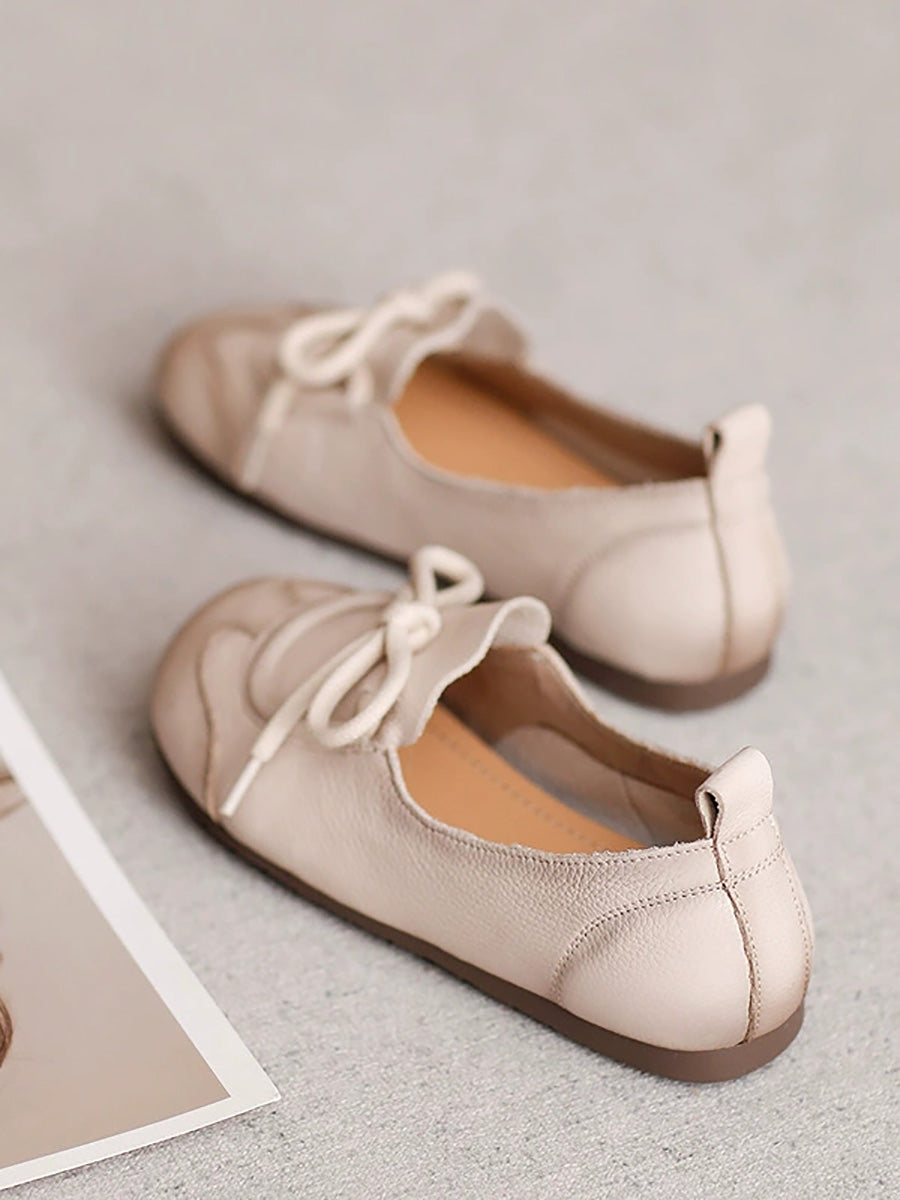Women Autumn Genuine Leather Spliced Strap Flat Shoes