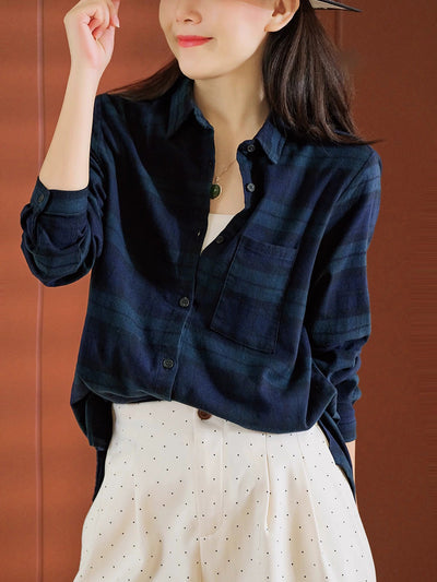 Women Autumn Plaid Turn-down Collar 100%Cotton Shirt
