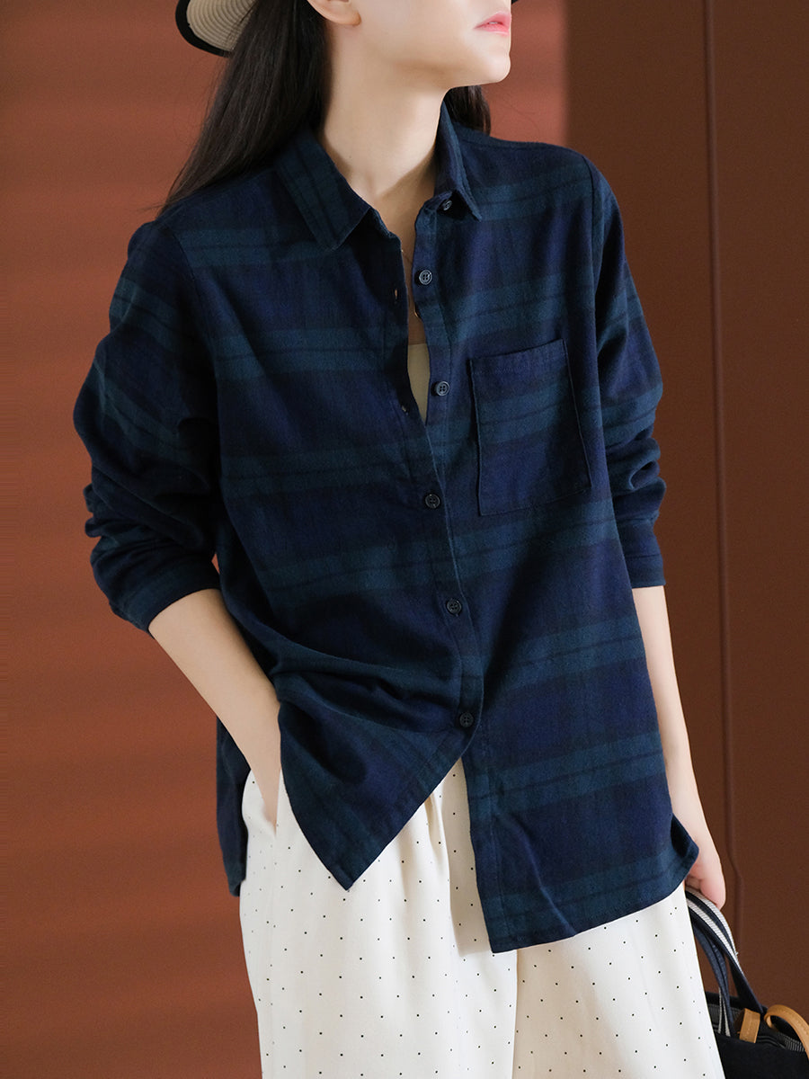 Women Autumn Plaid Turn-down Collar 100%Cotton Shirt