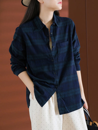 Women Autumn Plaid Turn-down Collar 100%Cotton Shirt