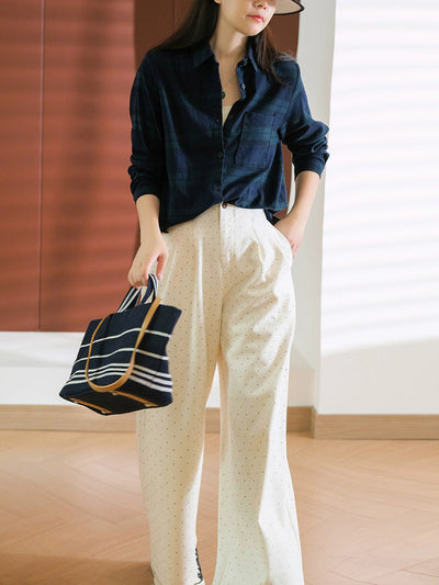 Women Autumn Plaid Turn-down Collar 100%Cotton Shirt