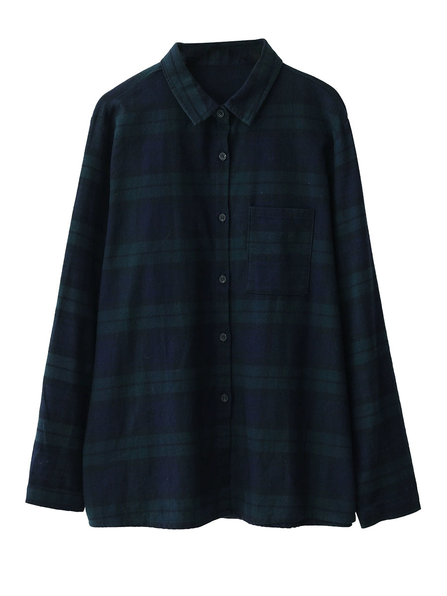 Women Autumn Plaid Turn-down Collar 100%Cotton Shirt
