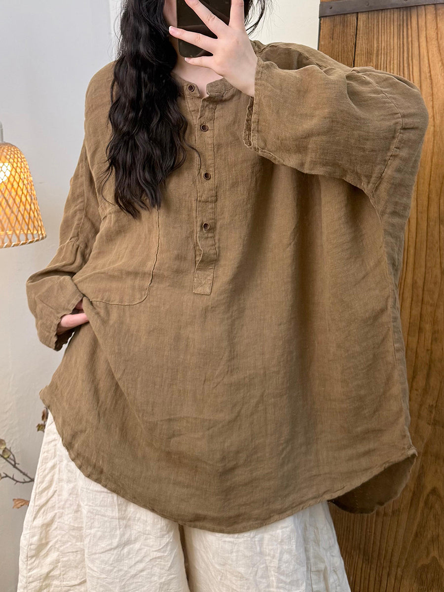 Women Autumn Retro Pure Color Linen Stand Collar Shirt