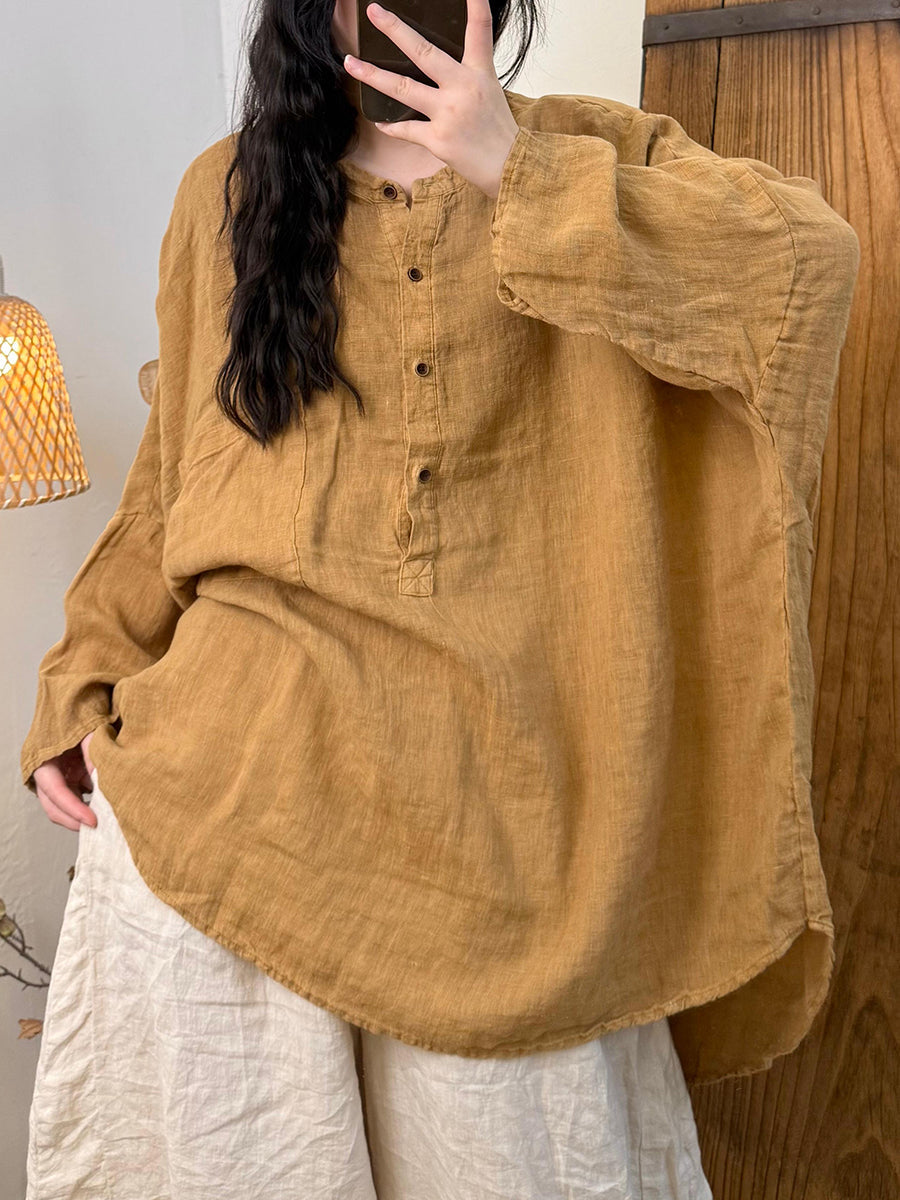 Women Autumn Retro Pure Color Linen Stand Collar Shirt