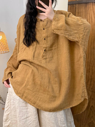 Women Autumn Retro Pure Color Linen Stand Collar Shirt