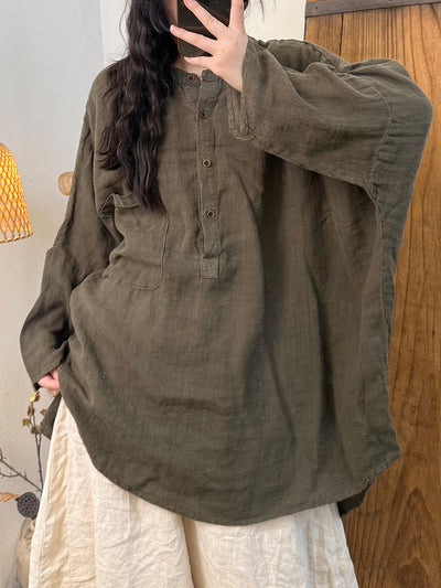 Women Autumn Retro Pure Color Linen Stand Collar Shirt