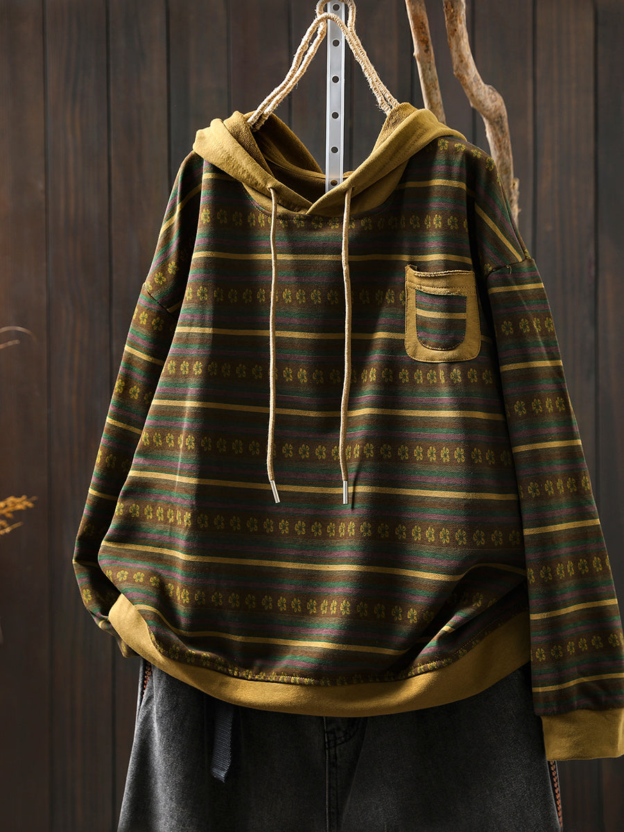 Women Retro Autumn Stripe 100%Cotton Hoodie