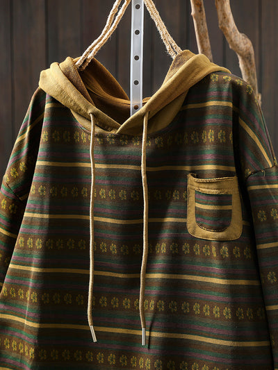 Women Retro Autumn Stripe 100%Cotton Hoodie