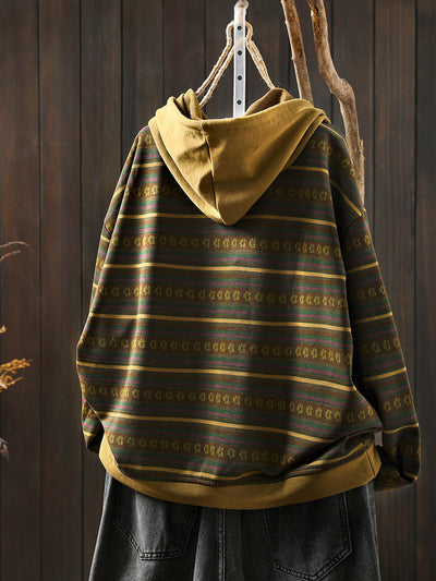 Women Retro Autumn Stripe 100%Cotton Hoodie