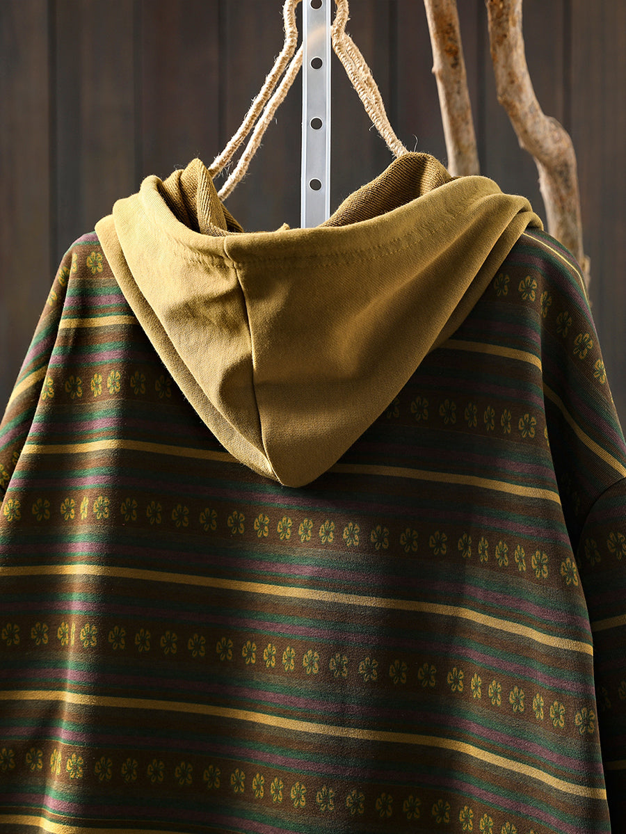 Women Retro Autumn Stripe 100%Cotton Hoodie