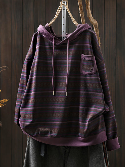 Women Retro Autumn Stripe 100%Cotton Hoodie