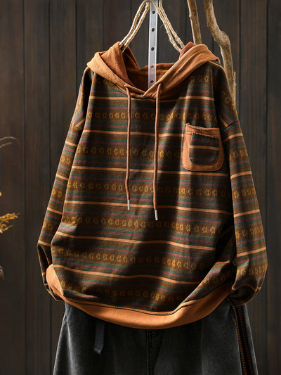 Women Retro Autumn Stripe 100%Cotton Hoodie