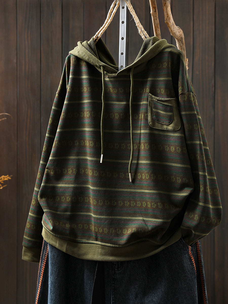 Women Retro Autumn Stripe 100%Cotton Hoodie