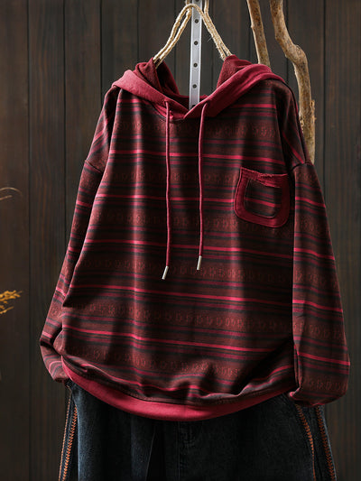 Women Retro Autumn Stripe 100%Cotton Hoodie