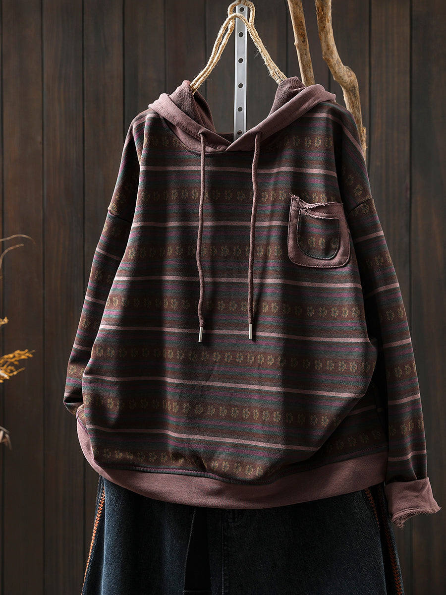 Women Retro Autumn Stripe 100%Cotton Hoodie