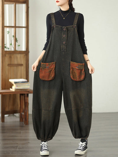 Women Autumn Retro Spliced Denim Jumpsuits