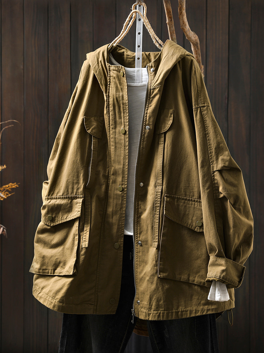 Women Autumn Pure Color 100%Cotton Hooded Coat