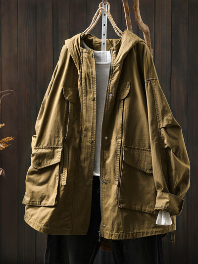 Women Autumn Pure Color 100%Cotton Hooded Coat