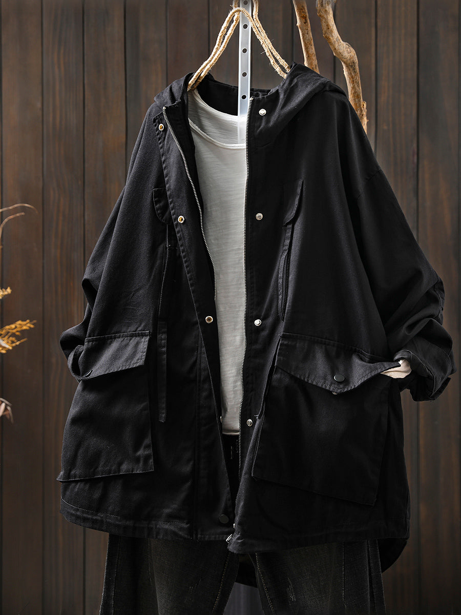 Women Autumn Pure Color 100%Cotton Hooded Coat
