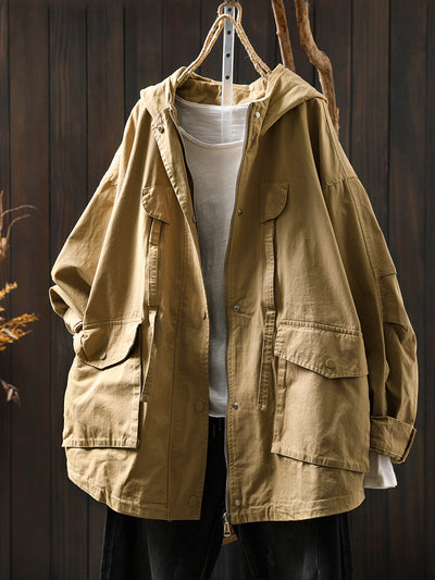 Women Autumn Pure Color 100%Cotton Hooded Coat
