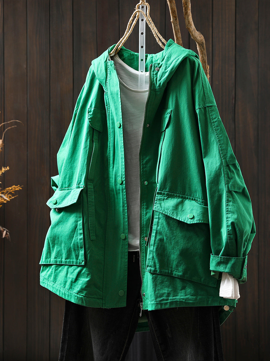 Women Autumn Pure Color 100%Cotton Hooded Coat